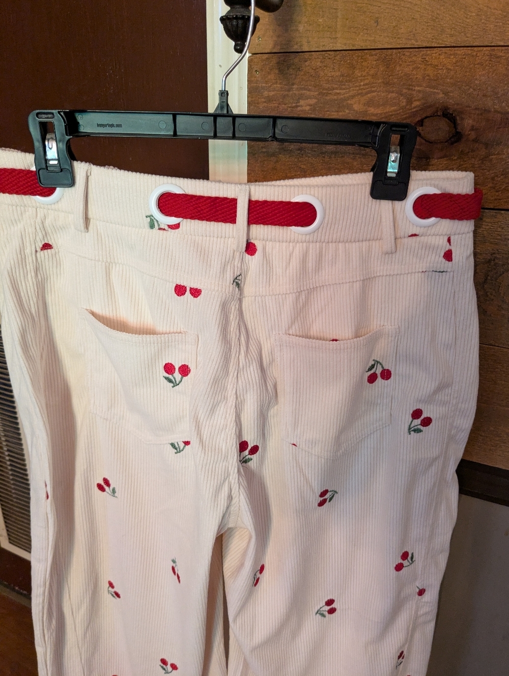 Cider Corduroy Mid Rise Cherry Embroidery Barrel Leg Trousers - Picture 9 of 11